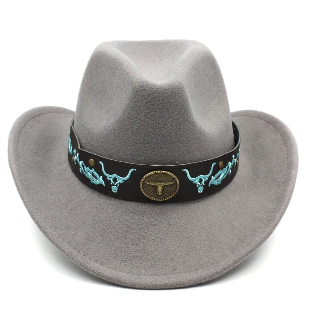 Gray Western Cowboy Hat Bull & Turquoise Band Adjustable Felt Wide Brim Cowgirl